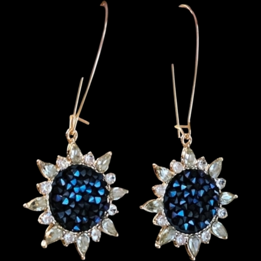 🌞BOGO* Eye-catching Druzy Stone Blue Crushed Stone Sun-Shaped Earrings NWOT